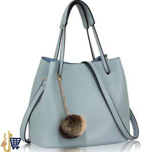 Blue Hobo Bag With Faux-Fur Charm