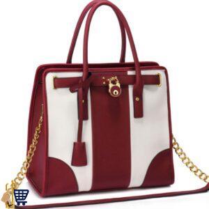 Burgundy/White Colour Block Tote Handbag
