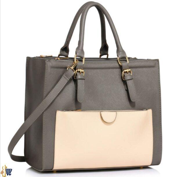 Grey/Nude Front Pocket Grab Tote Handbag