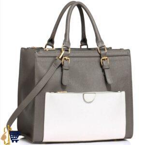 Grey/White Front Pocket Grab Tote Handbag
