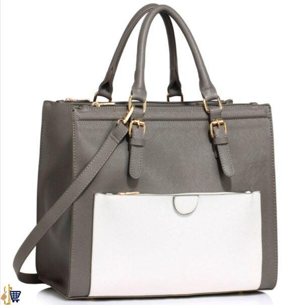 Grey/White Front Pocket Grab Tote Handbag