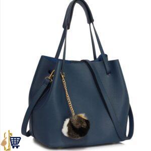 Navy Hobo Bag With Faux-Fur Charm