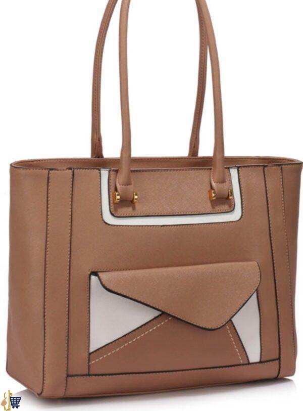 Nude Front-pocket Tote Shoulder Bag